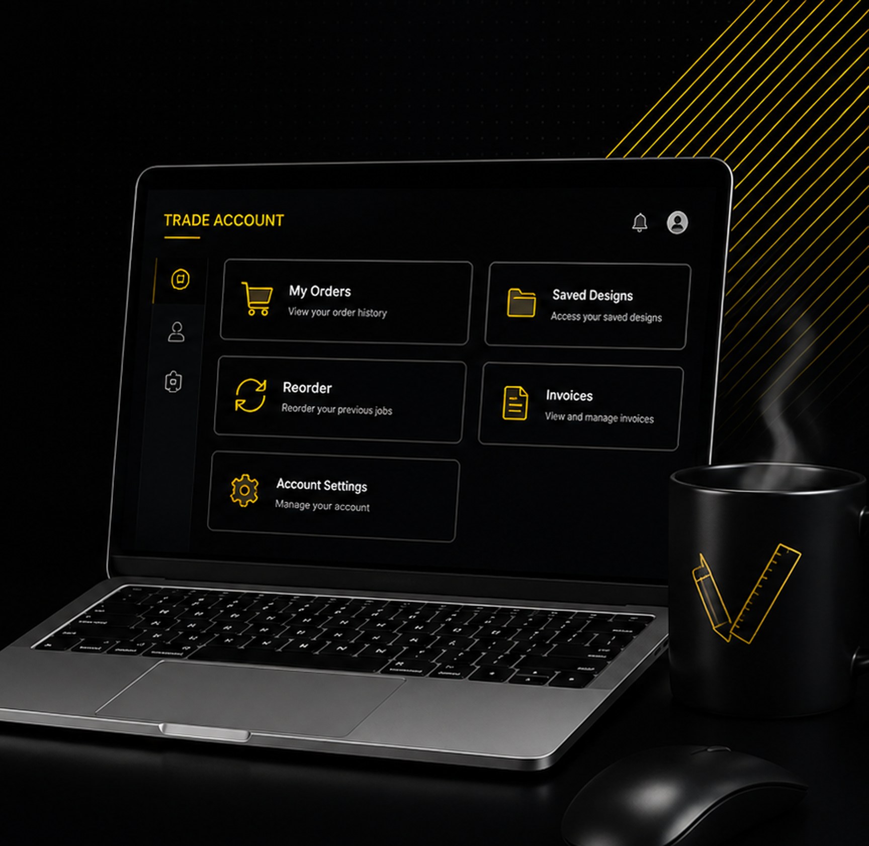 The trade account dashboard — orders, saved designs, reorder and invoices